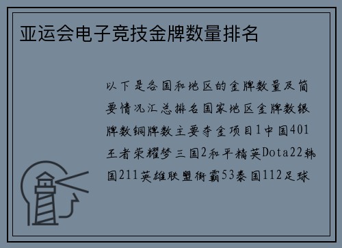 亚运会电子竞技金牌数量排名